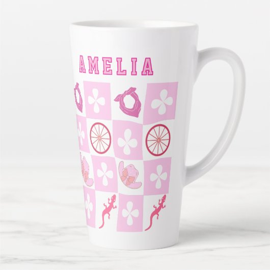 ピンク市松模様に女性のカーボーイ カフェラテマグ (右)