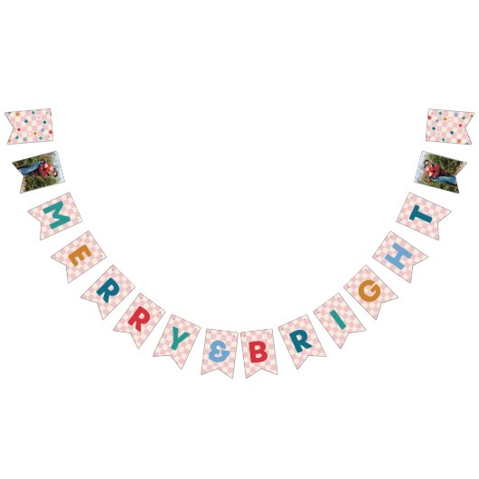 ピンク市松模様のMerry & Brightバuntingバナー バンティングフラッグ (全)