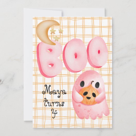 ピンク幽霊かわいいブーブハロウィーン4歳の誕生日 招待状 (正面)