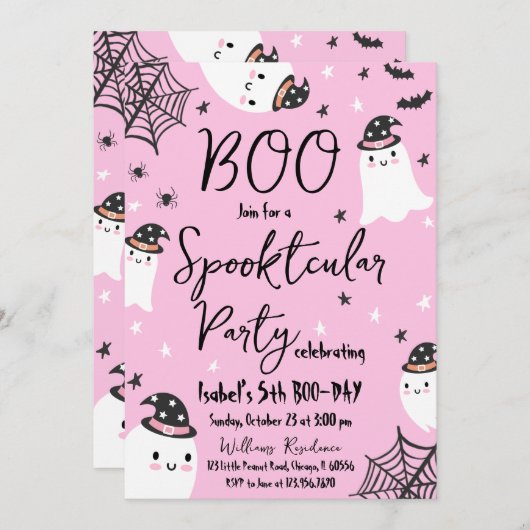 ピンク幽霊スプクトカキュラハロウィーン誕生日 招待状 (正面/裏面)