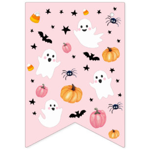 ピンク幽霊ハロウィン不気味ワンハッピーバースデー バンティングフラッグ