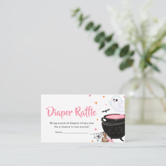 ピンク幽霊ハロウィーンベビーがブルーイングおむつラッフル エンクロージャーカード (スタンド正面)