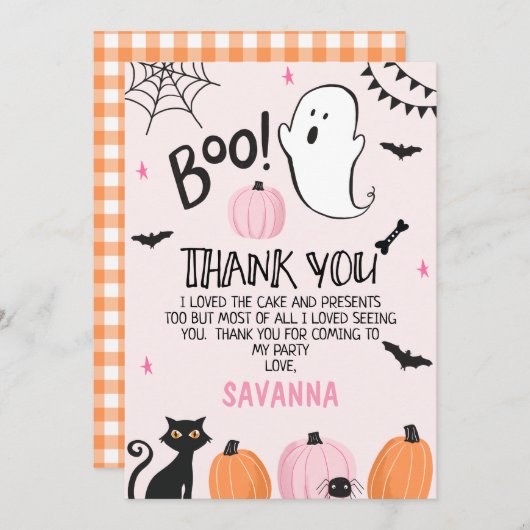 ピンク幽霊ハロウィーン誕生日サンキューカード 招待状 (正面/裏面)
