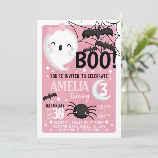 ピンク幽霊ハロウィーン誕生日パーティーの招待 招待状 (スタンド正面)