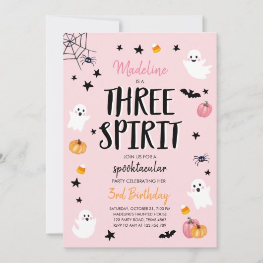 ピンク幽霊ハロウィーン3スピリット3歳の誕生日 招待状 (正面)