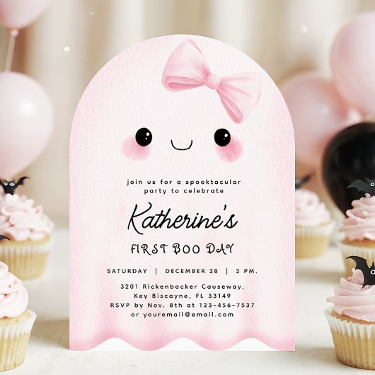 ピンク幽霊ファーストブデイアーチ誕生日招待状 招待状