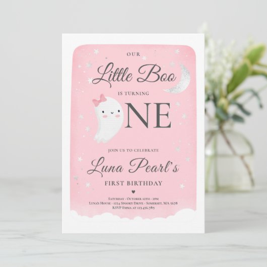 ピンク幽霊リトルブバースデーパーティハロウィーン 招待状 (スタンド正面)