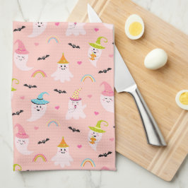 ピンク幽霊レインボーパターンハロウィンキッチンタオル キッチンタオル