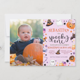 ピンク幽霊不気味ハロウィーン1歳パーティー 招待状