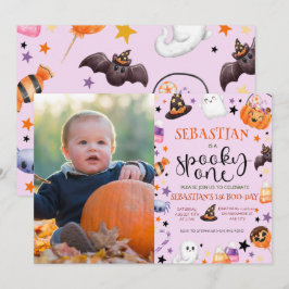 ピンク幽霊不気味ハロウィーン1歳パーティー 招待状