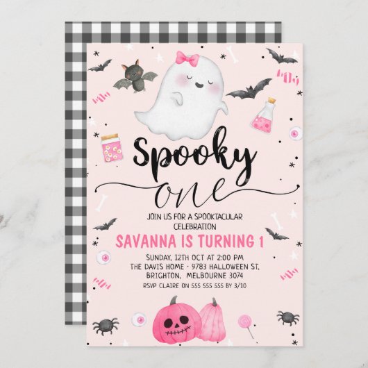 ピンク幽霊不気味ワンハロウィーン1回目の誕生日 招待状 (正面/裏面)