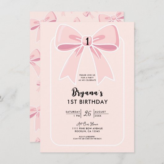 ピンク弓かわいいコケットコテージシック1st誕生日 招待状 (正面/裏面)