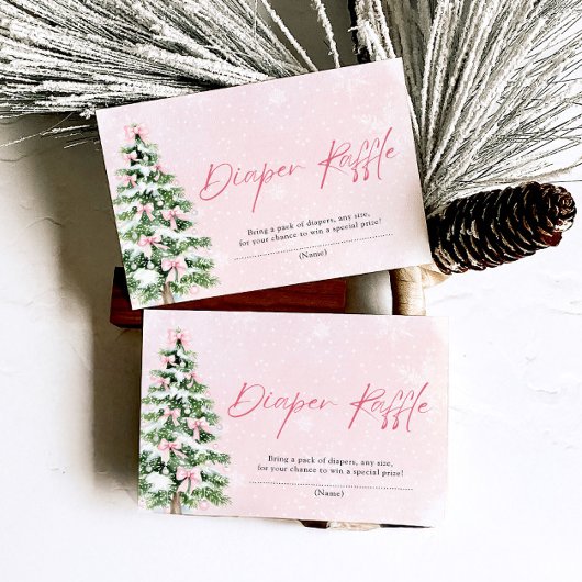 ピンク弓クリスマスツリーおむつラッフルベビーシャワー 招待状
