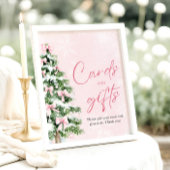 ピンク弓クリスマスツリーカードとギフトサイン ポスター