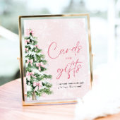 ピンク弓クリスマスツリーカードとギフトサイン ポスター