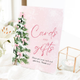 ピンク弓クリスマスツリーカードとギフトサイン 台座サイン