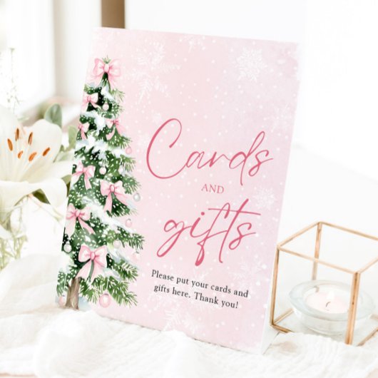 ピンク弓クリスマスツリーカードとギフトサイン 台座サイン