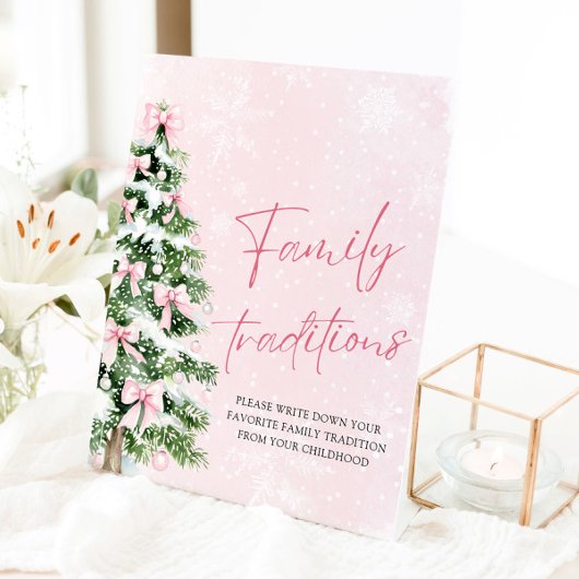 ピンク弓クリスマスツリー家族の伝統ゲーム 台座サイン