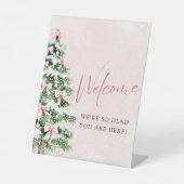 ピンク弓クリスマスツリー赤ちゃんシャワー歓迎サイン 台座サイン (正面)