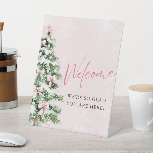 ピンク弓クリスマスツリー赤ちゃんシャワー歓迎サイン 台座サイン (インサイチュ)