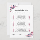 ピンク彼は彼女はブライダルシャワーのゲームカードを言った 招待状 (正面)