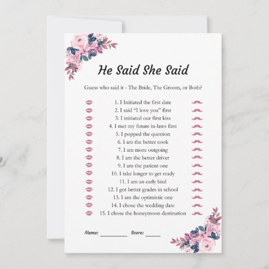 ピンク彼は彼女はブライダルシャワーのゲームカードを言った 招待状 (正面)