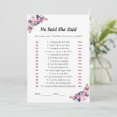 ピンク彼は彼女はブライダルシャワーのゲームカードを言った 招待状 (スタンド正面)