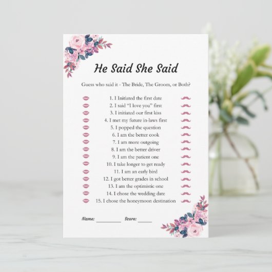 ピンク彼は彼女はブライダルシャワーのゲームカードを言った 招待状 (スタンド正面)