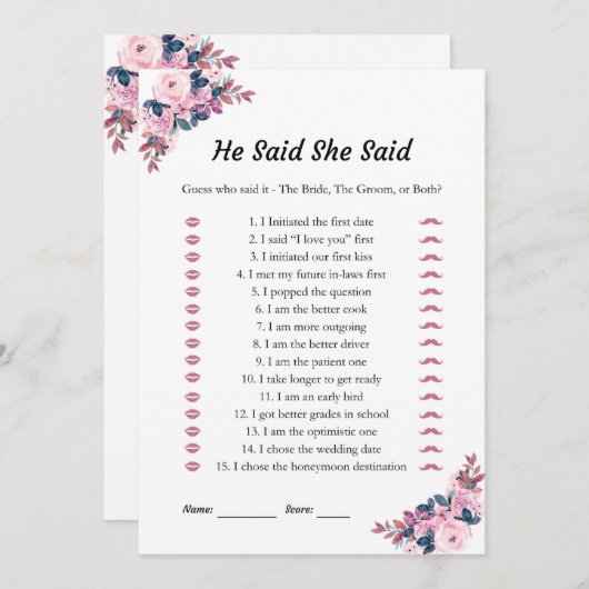 ピンク彼は彼女はブライダルシャワーのゲームカードを言った 招待状 (正面/裏面)
