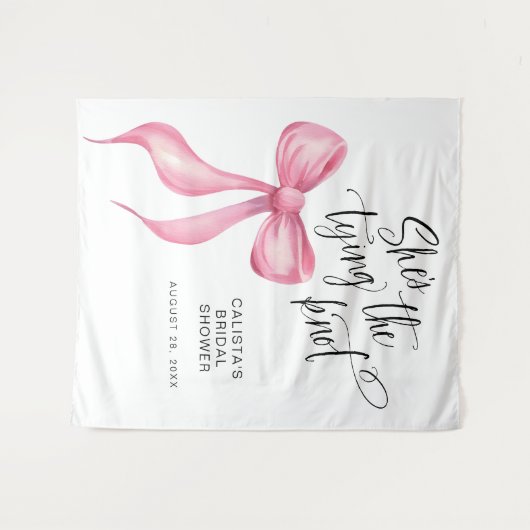 ピンク彼女が結ぶ結び目のブライダルシャワー背景 タペストリー (正面(横))