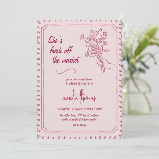 ピンク彼女は市場から外れているブライダルシャワー 招待状 (スタンド正面)