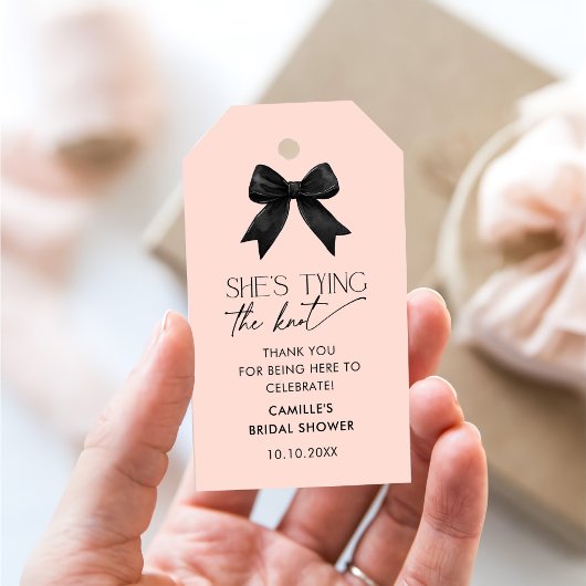 ピンク彼女は結び目の弓ブライダルシャワー ギフトタグ