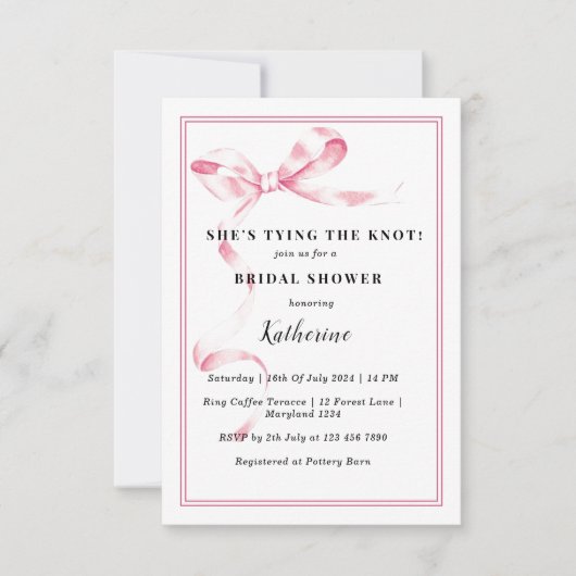 ピンク彼女は結び目の弓ブライダルシャワー 招待状 (正面)