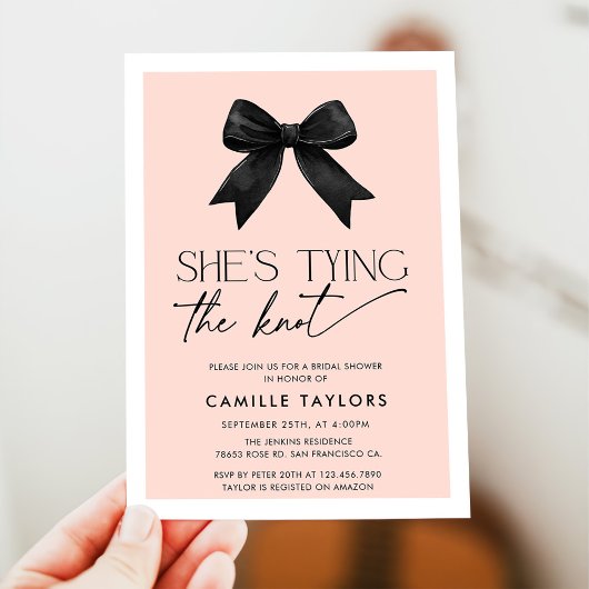 ピンク彼女は結び目の弓ブライダルシャワー 招待状