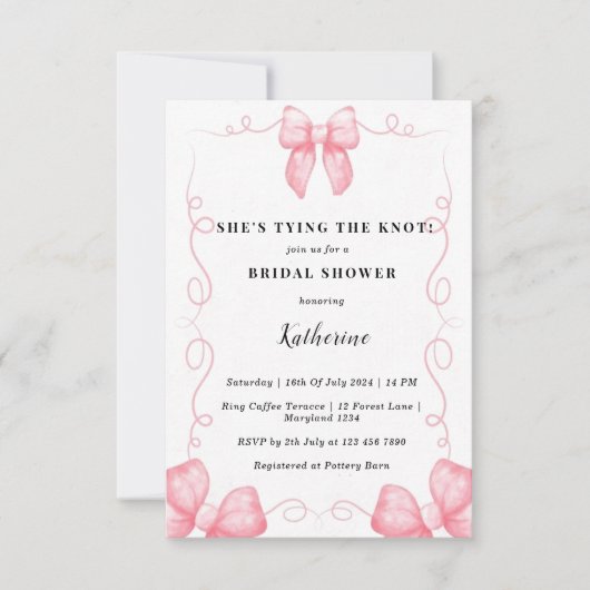 ピンク彼女は結び目コケットブライダルシャワー 招待状 (正面)