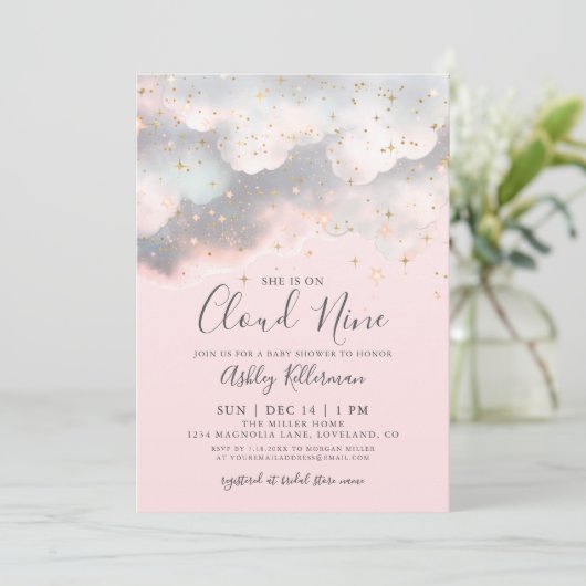 ピンク彼女は雲の9赤ちゃんシャワー上にある 招待状 (スタンド正面)