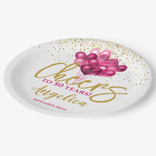 ピンク応援~50年50誕生日 ペーパープレート (アングル)
