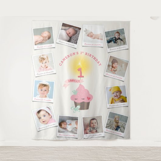 ピンク恋しく思クカップケーキガール誕生日12フォトバックグラウンド タペストリー (正面)