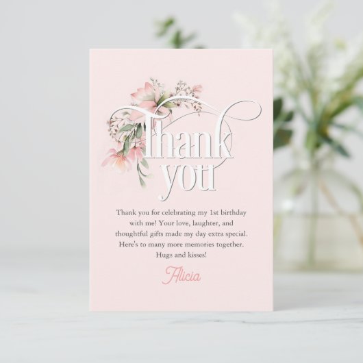 ピンク恋しく思リトルオネダーフルかわいい女の子1歳の誕生日 サンキューカード (スタンド正面)