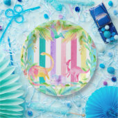 ピンク恐竜とパステルストライプ紙プレート ペーパープレート (パーティー)