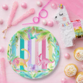 ピンク恐竜とパステルストライプ紙プレート ペーパープレート (パーティー)