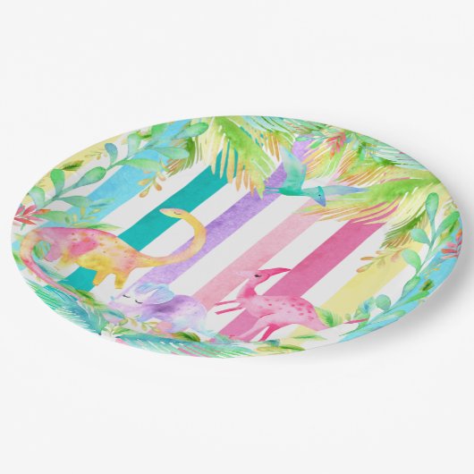 ピンク恐竜とパステルストライプ紙プレート ペーパープレート (アングル)