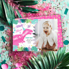 ピンク恐竜の先史時代の女の子1st最初の誕生日 招待状