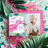 ピンク恐竜の先史時代の女の子1st最初の誕生日 招待状