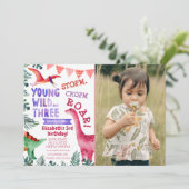 ピンク恐竜の若い野生&3水色の写真 招待状 (スタンド正面)