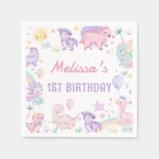 ピンク恐竜の誕生日パーティナプキンス スタンダードカクテルナプキン (正面)
