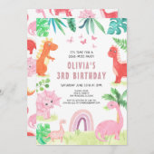 ピンク恐竜の誕生日パーティーガールキッズディノ 招待状 (正面/裏面)