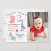 ピンク恐竜の轟音誕生日女の子ディノパーティー写真 招待状 (正面)