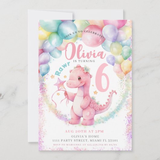 ピンク恐竜ディノガールバースデーパーティーの招待状 招待状 (正面)