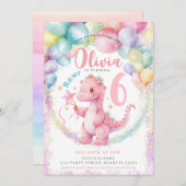 ピンク恐竜ディノガールバースデーパーティーの招待状 招待状 (正面/裏面)